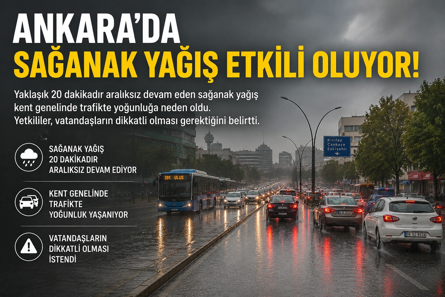 Ankara’da Sağanak Yağış Etkisini Gösterdi: Trafikte Yoğunluk Oluştu