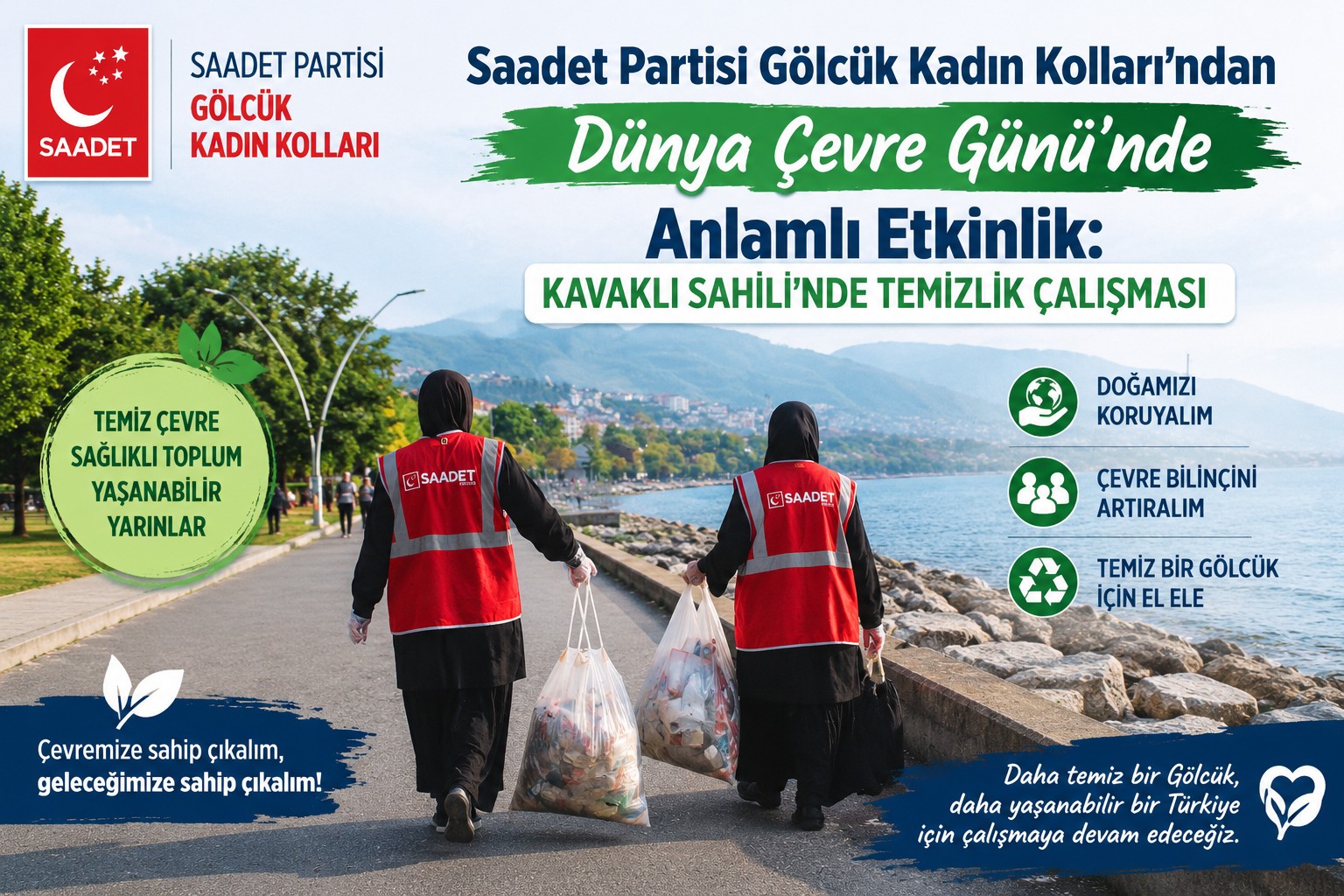 Saadet Partisi Gölcük Kadın Kolları’ndan Dünya Çevre Günü’nde Anlamlı Etkinlik: Kavaklı Sahili’nde Temizlik Çalışması
