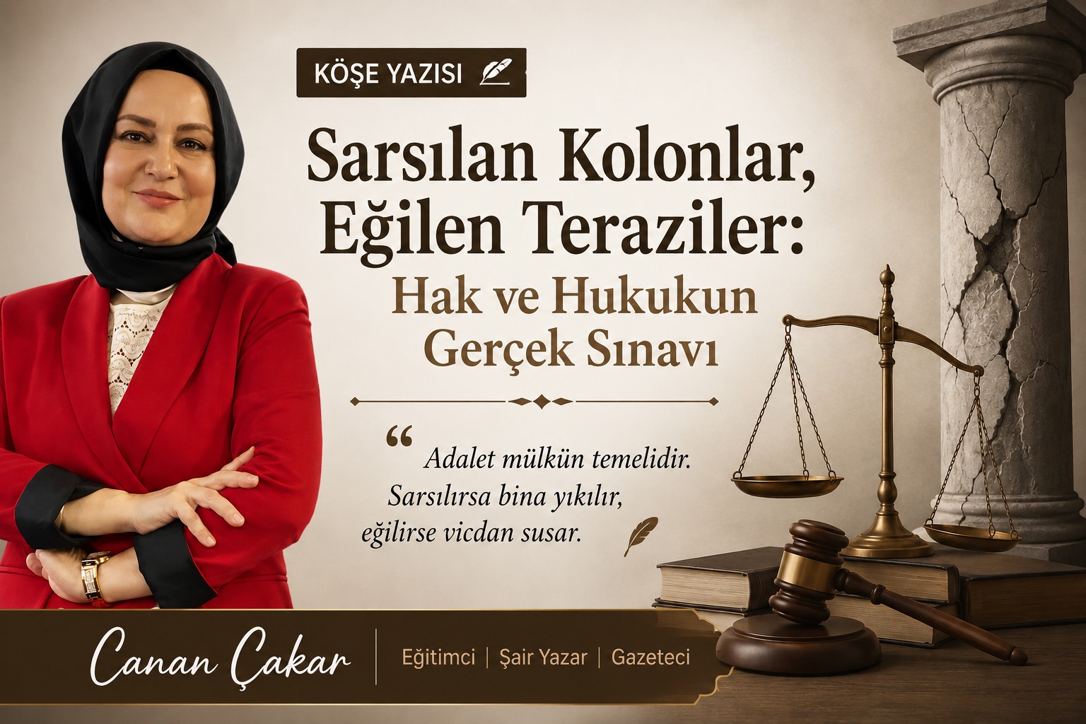 Eğitimci, Şair Yazar, Gazeteci Canan Çakar Köşe Yazısı: "Sarsılan Kolonlar, Eğilen Teraziler: Hak ve Hukukun Gerçek Sınavı"