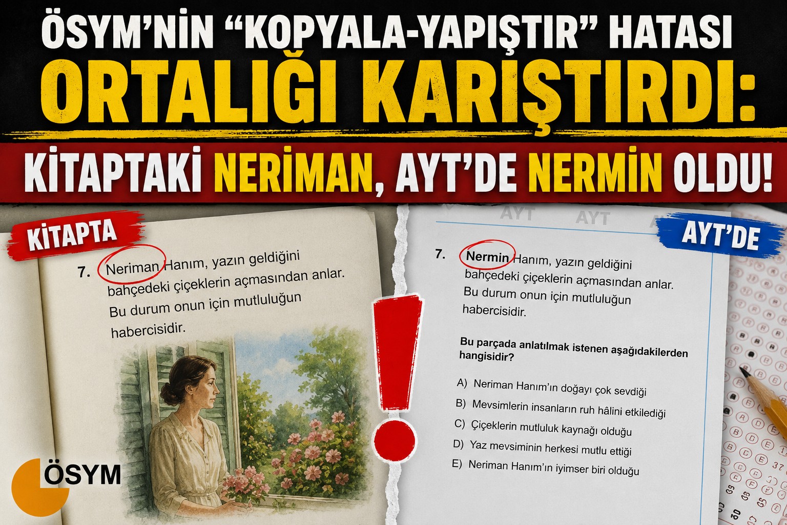 ÖSYM’NİN "KOPYALA-YAPIŞTIR" HATASI ORTALIĞI KARIŞTIRDI: KİTAPTAKİ NERİMAN, AYT’DE NERMİN OLDU!