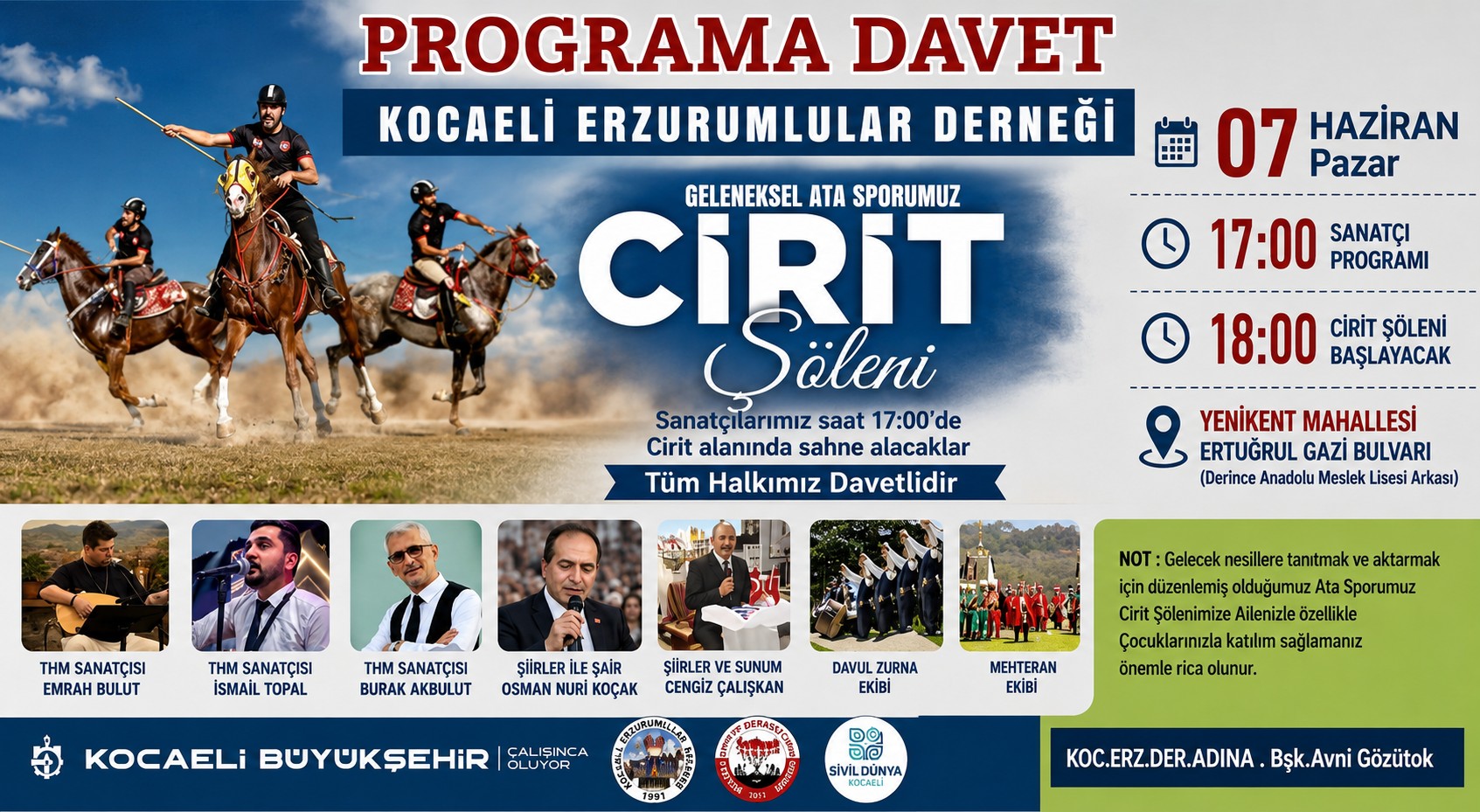 Kocaeli Erzurumlular Derneği’nden Geleneksel Cirit Şöleni Daveti