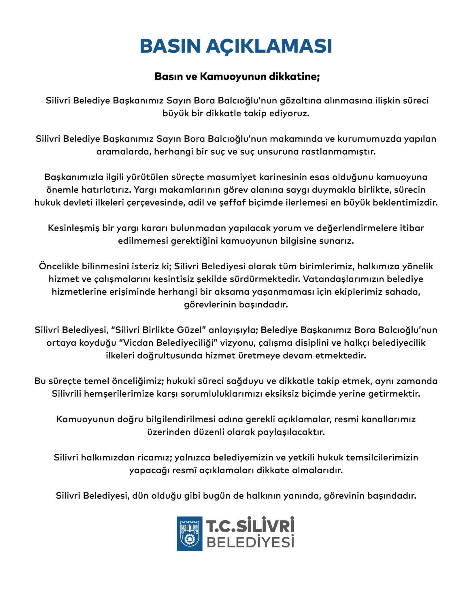 Silivri Belediyesi'nden Bora Balcıoğlu Sürecine İlişkin Basın Açıklaması