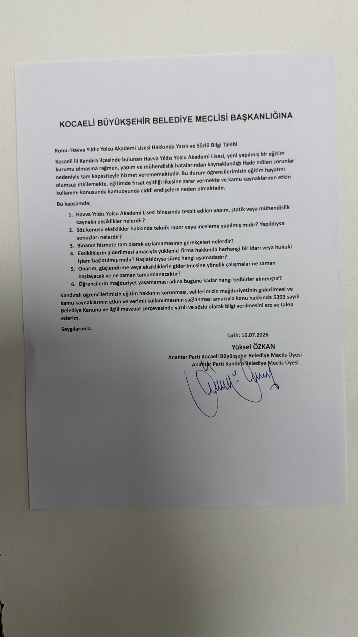 Anahtar Parti'den Havva Yıldız Yolcu Akademi Lisesi İçin Soru Önergesi: "Öğrencilerin Mağduriyeti Giderilsin"