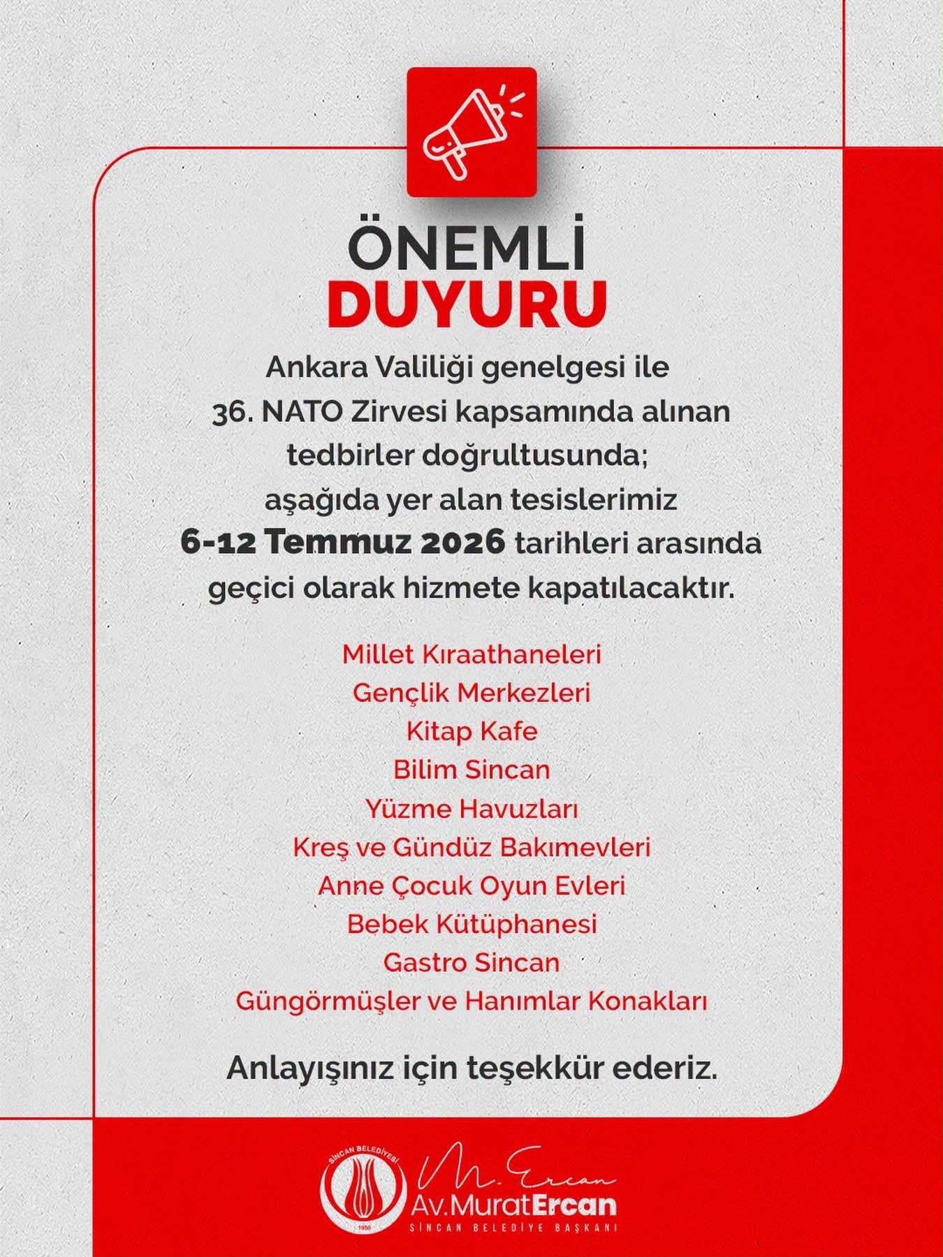 NATO Zirvesi Tedbirleri Kapsamında Bazı Belediye Tesisleri Geçici Süreyle Kapanacak!